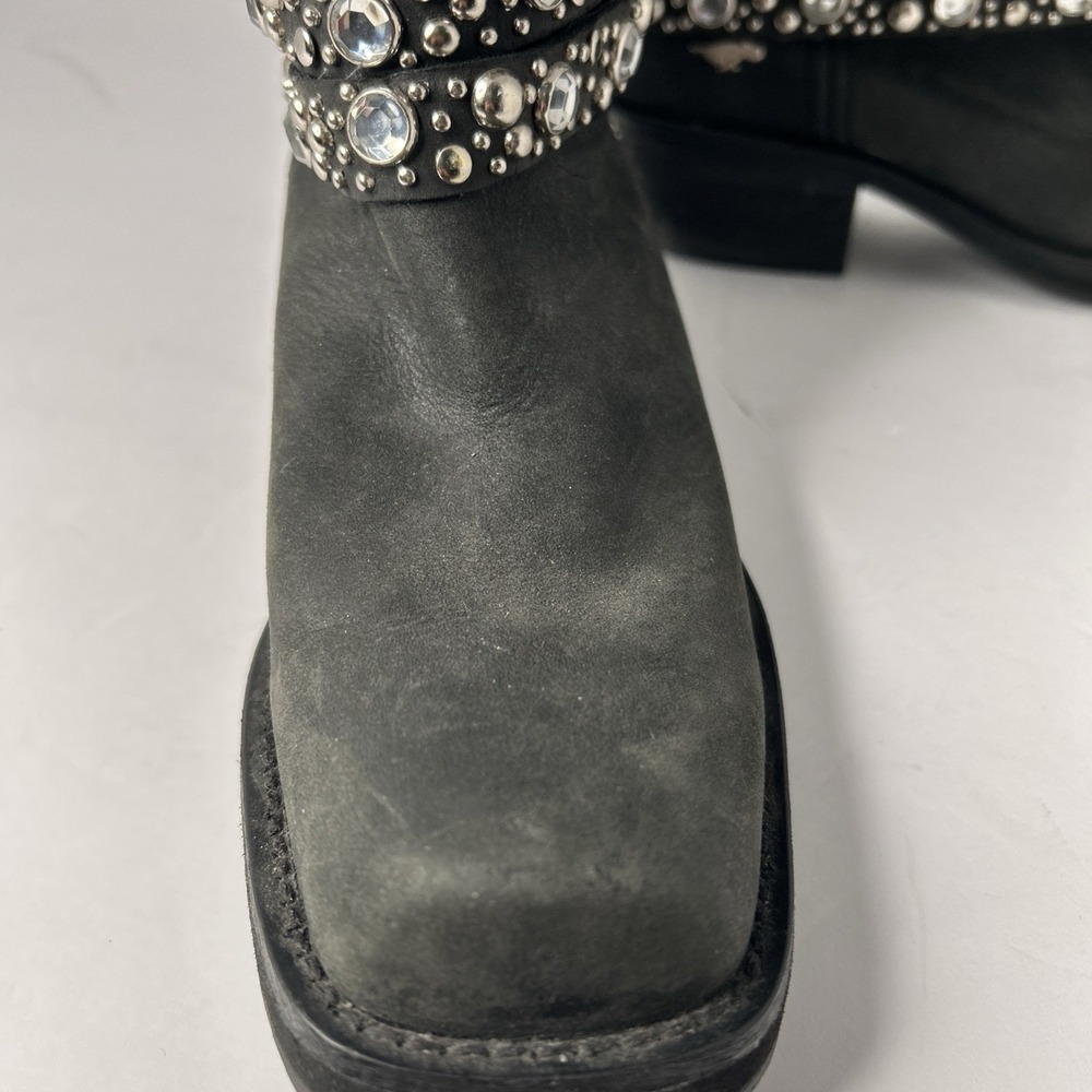 Sz 8 - ROCKET DOG Black Leather Silver Studded Rhinestone Buckle Biker Boots - Picture 13 of 15